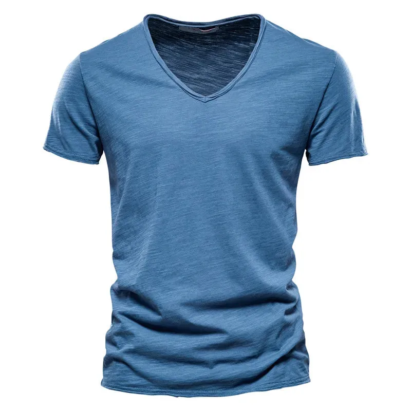 100% Cotton V-neck Men T-shirt Fitness Sports Running Slim Fit Soild T-shirts Male Tops Tees Summer Short Sleeve T Shirt For Men