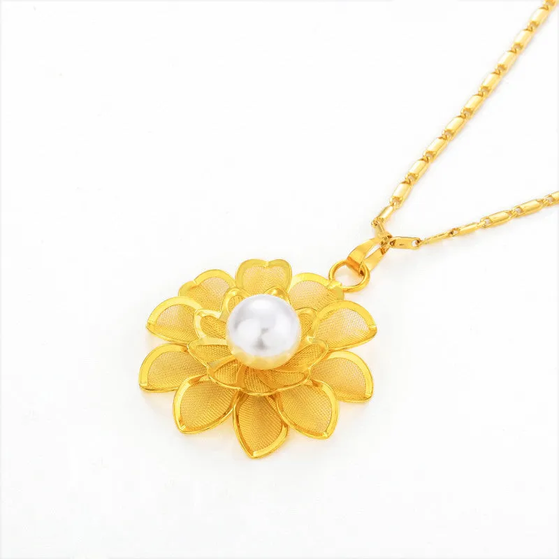 18K gold plated rose and pearl pendant necklace