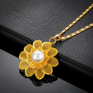 18K gold plated rose and pearl pendant necklace