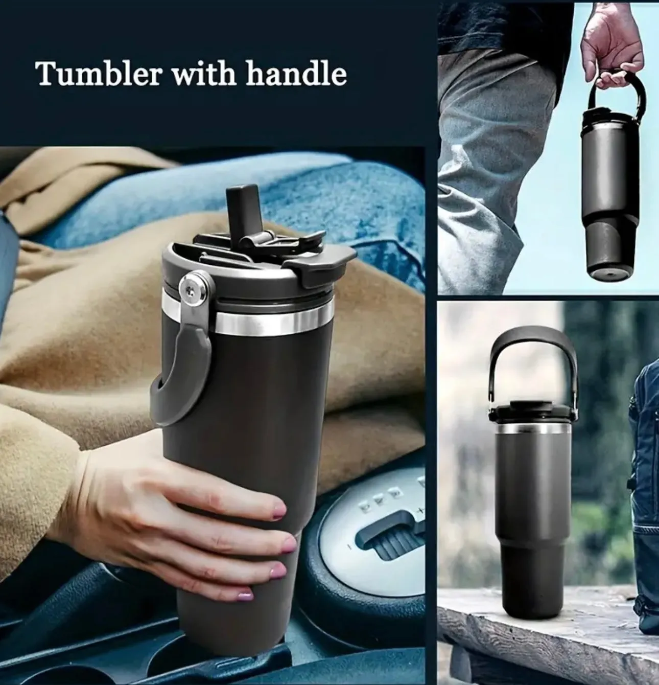 30 oz. Black Stainless Steel Insulated Tumbler With Lid And Handle - Perfect For Travel, Home, Office, And Summer Drinks - Great Gift Idea