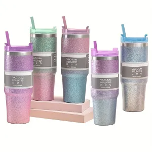 30oz Glitter Coloful Tumbler With Lid And Straw, Shiny Vacuum Water Cups, Summer Winter Drinkware, Travel Accessories