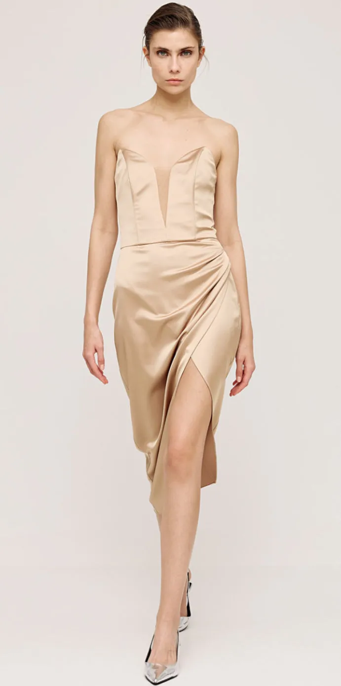 Access Fashion Champagne Strapless Dress With A Mesh Panel