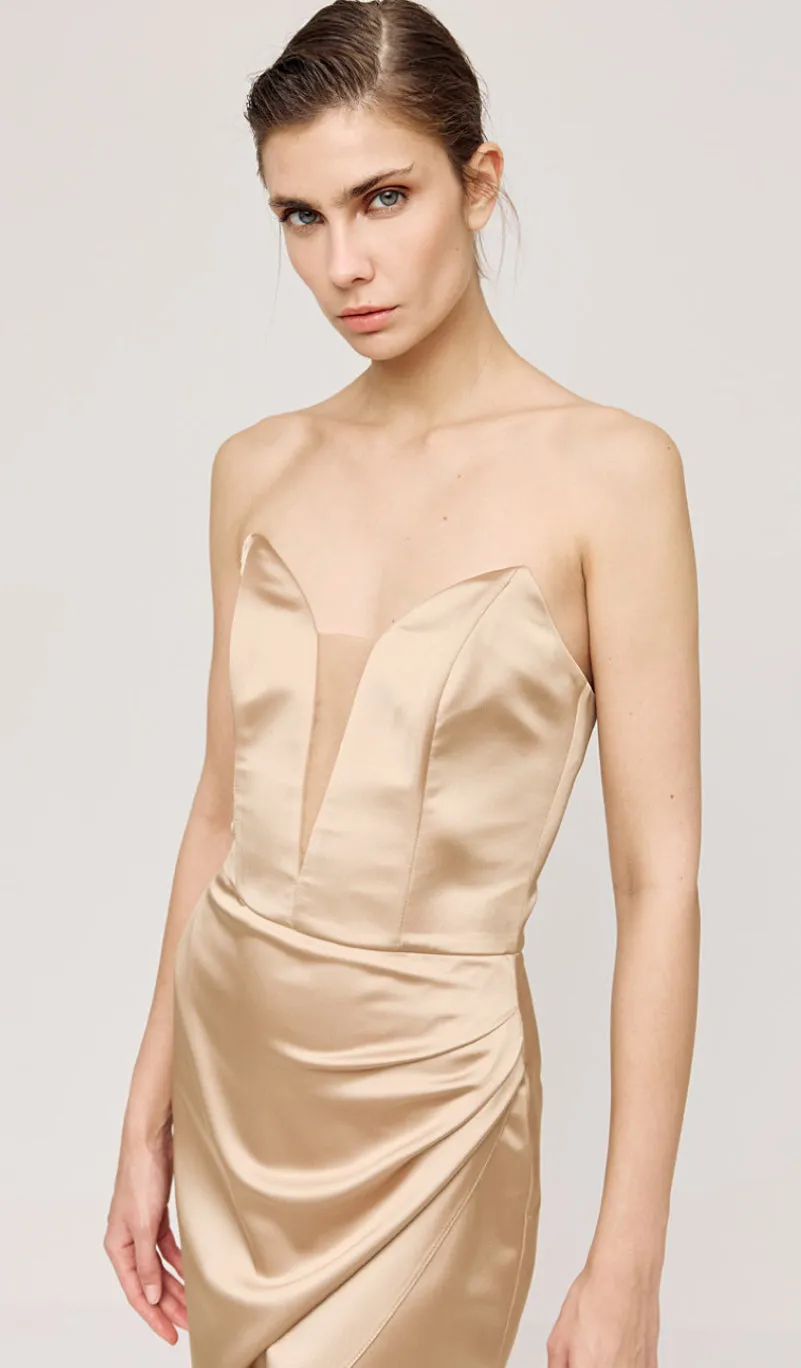 Access Fashion Champagne Strapless Dress With A Mesh Panel