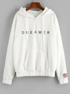 American Flag Dreamer Embroidered Quarter Zip Teddy Hoodie for Women