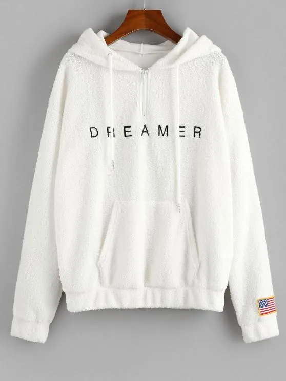 American Flag Dreamer Embroidered Quarter Zip Teddy Hoodie for Women