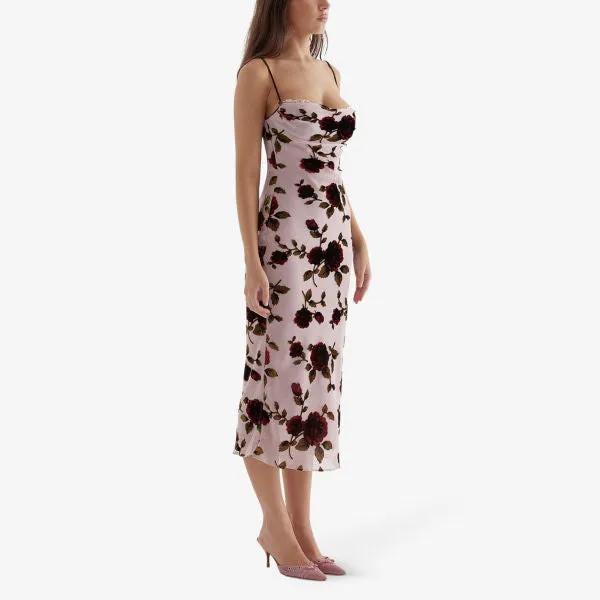 Azura Velvet Floral Embroidered Stretch Midi Dress House Of Cb, Pink