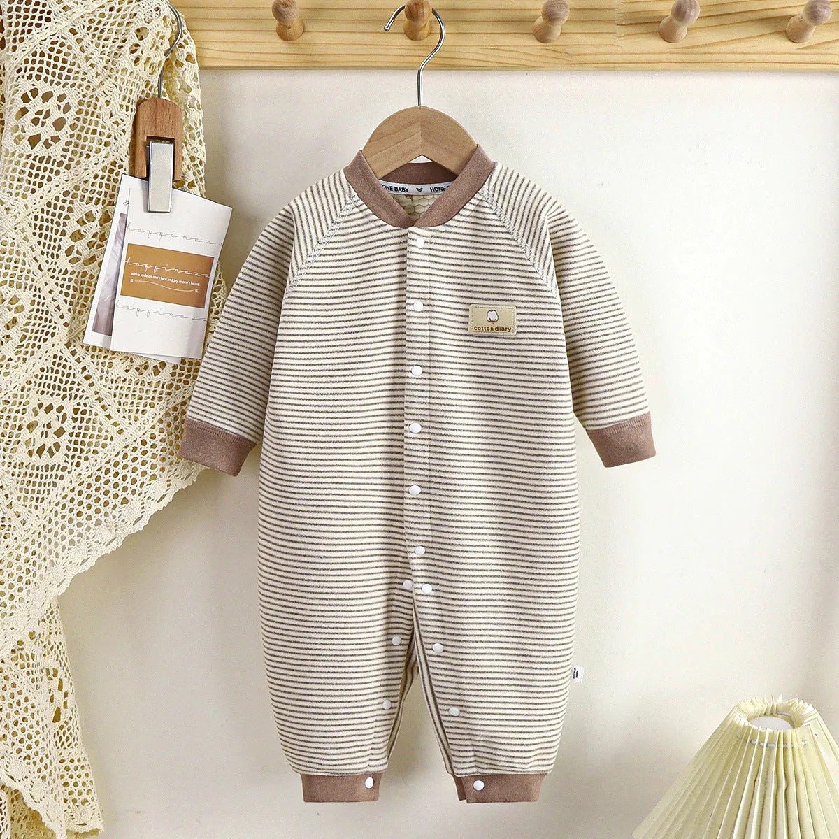 Baby autumn and winter velvet striped warm pajamas long sleeve crawling suit