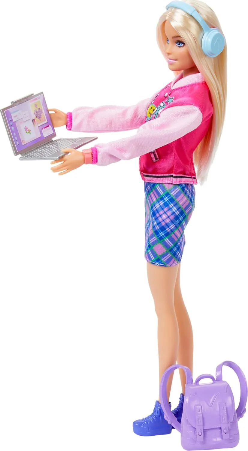 Barbie I Love School Doll & Accessories Toy Set, 7 Pieces Include Backpack, Laptop & More, Blonde Fashion Doll Wears Removable Look