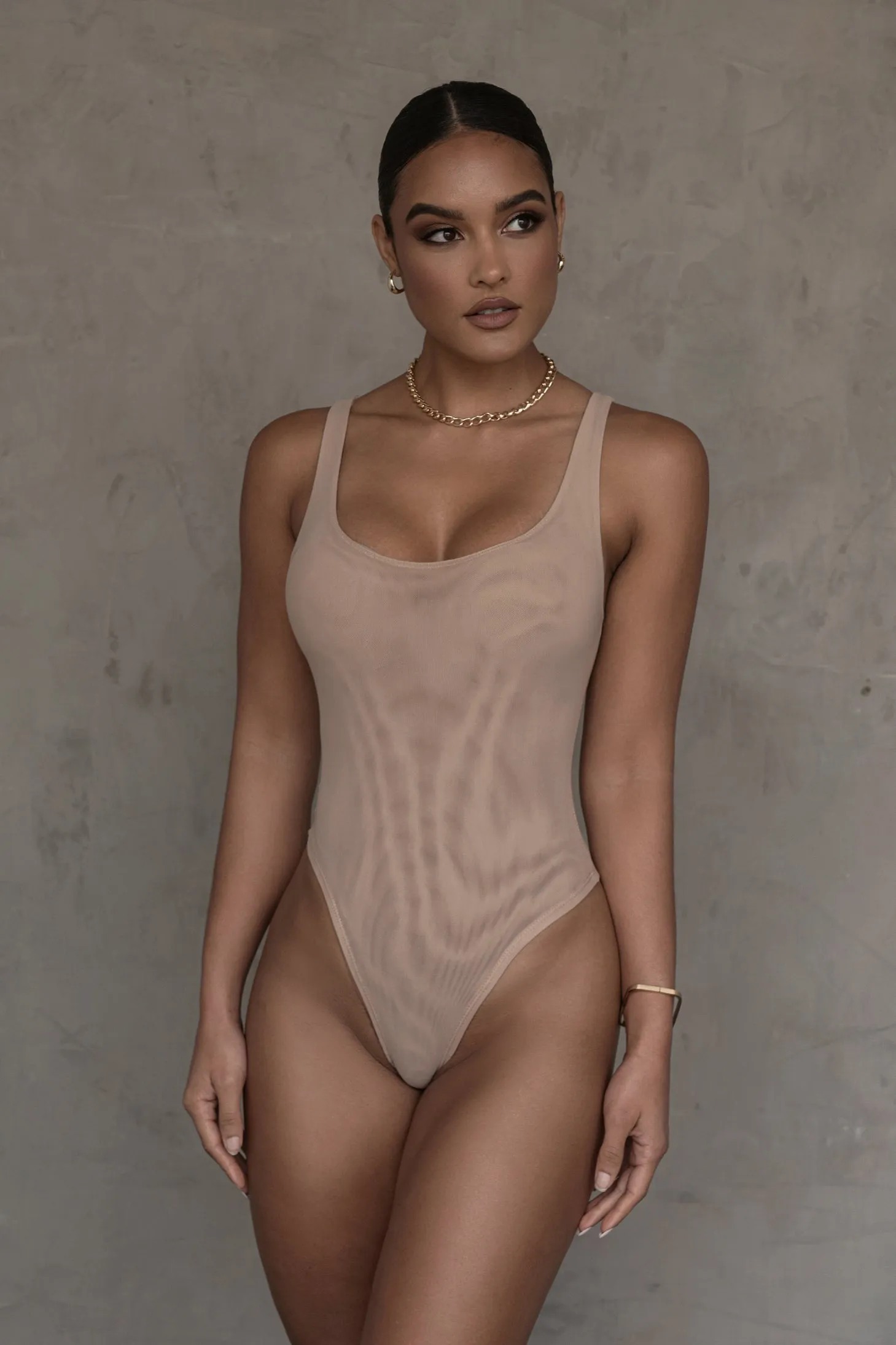 Beige Mesh Essentials Tank Bodysuit Undergarment