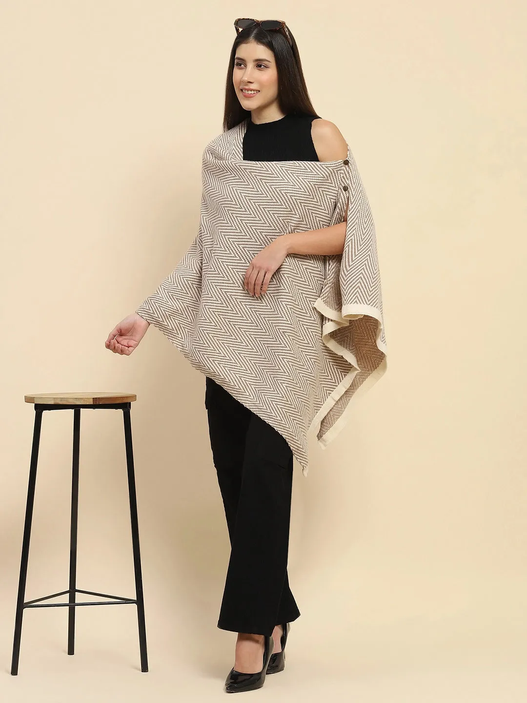 Beige Viscose Blend  Knitted Loose Fit Cape/ Shawl