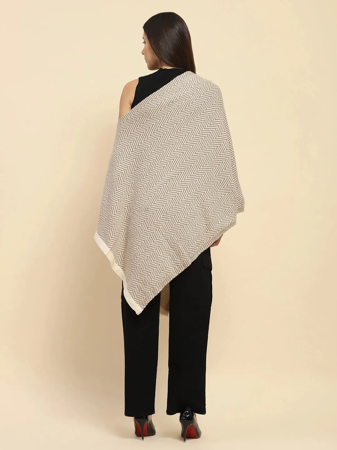 Beige Viscose Blend  Knitted Loose Fit Cape/ Shawl