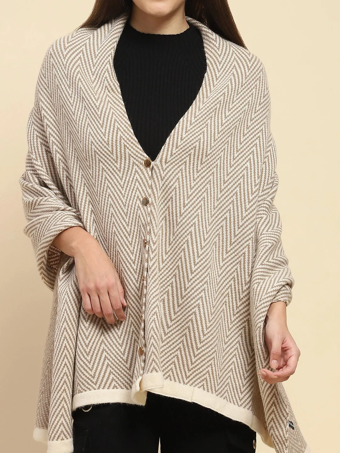 Beige Viscose Blend  Knitted Loose Fit Cape/ Shawl