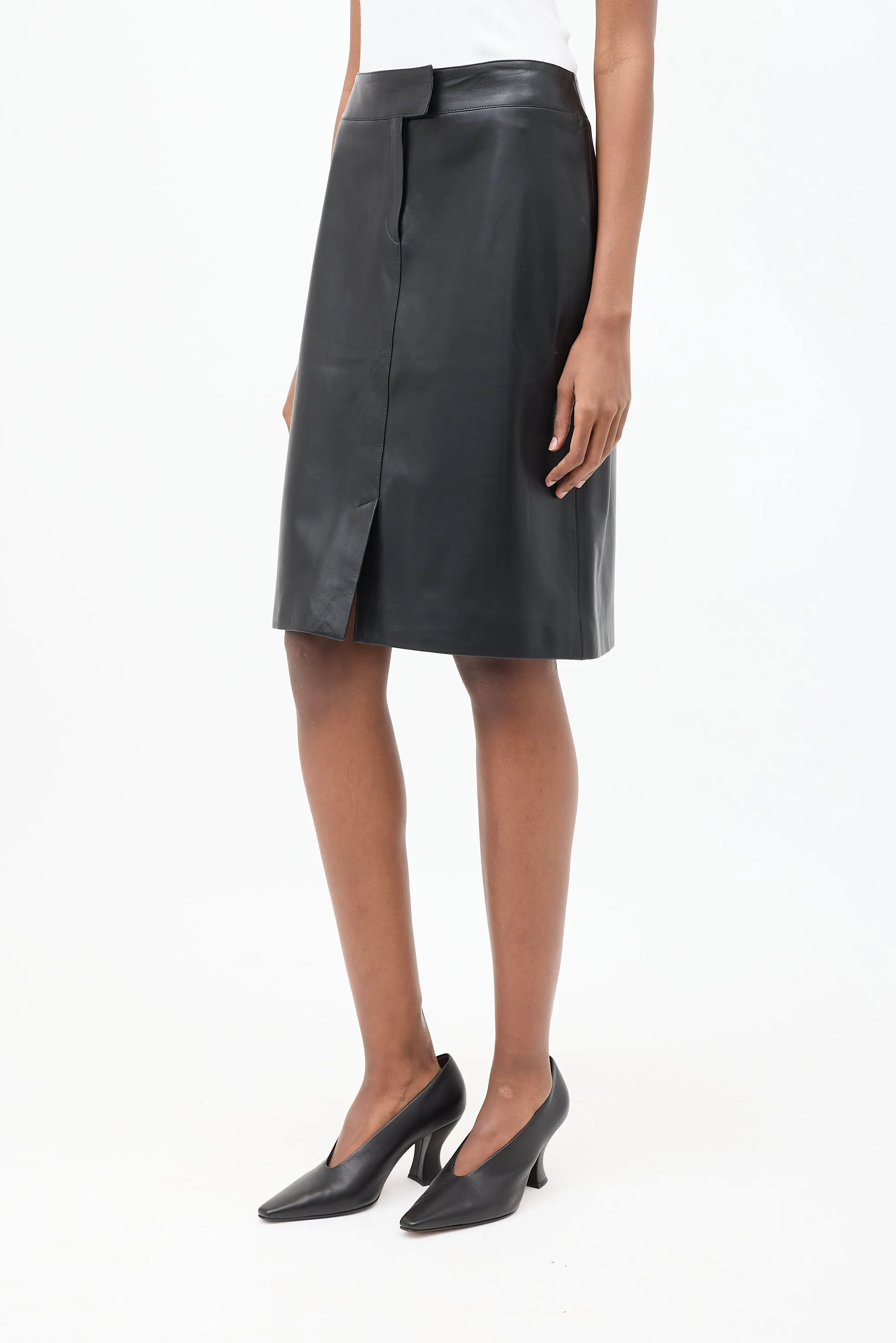 Black Leather Midi Pencil Skirt