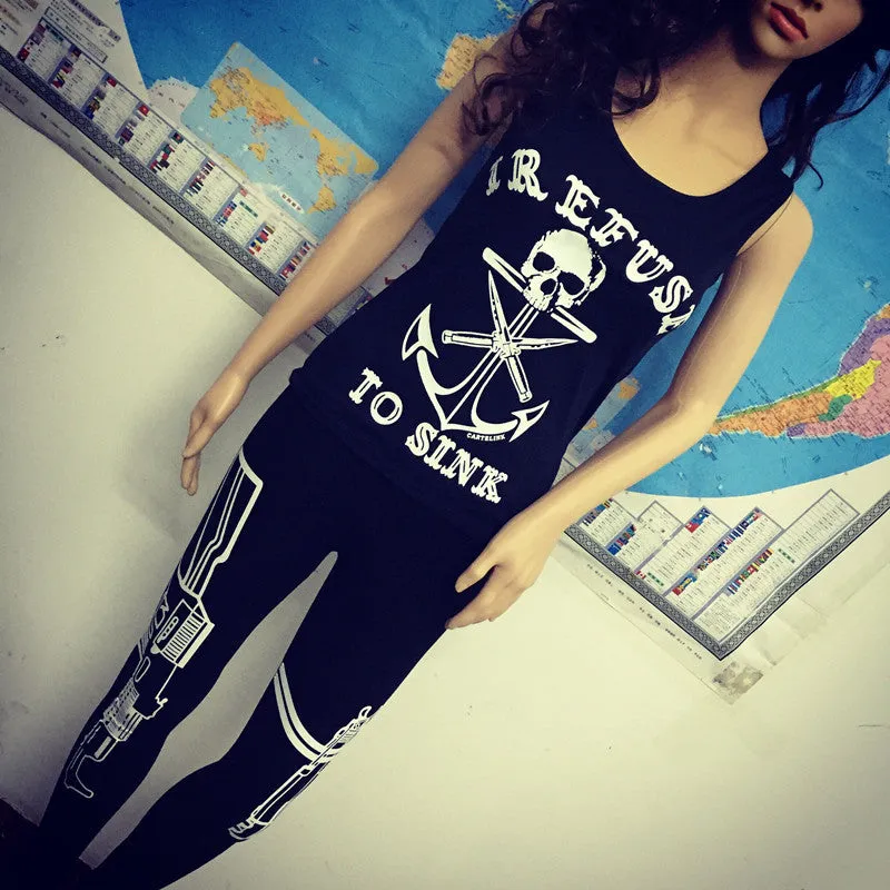 Black Skull Anchor Print Short Slim Cotton Tank Top