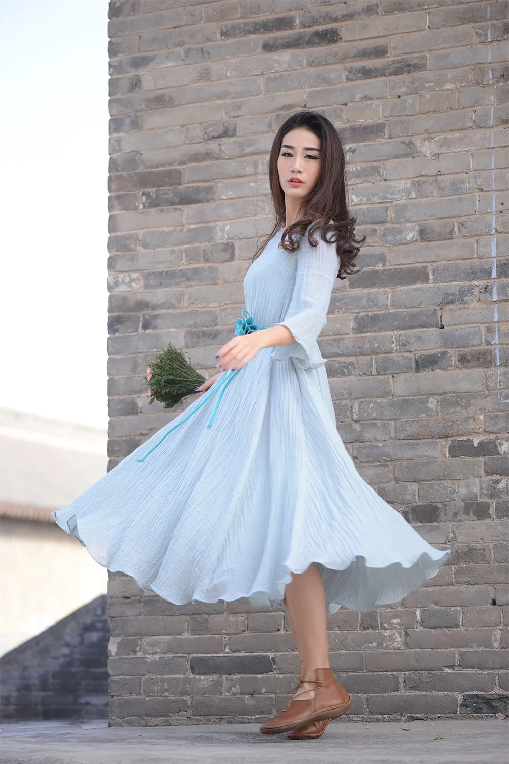 Blue linen casual dress in loose style for summer C1562