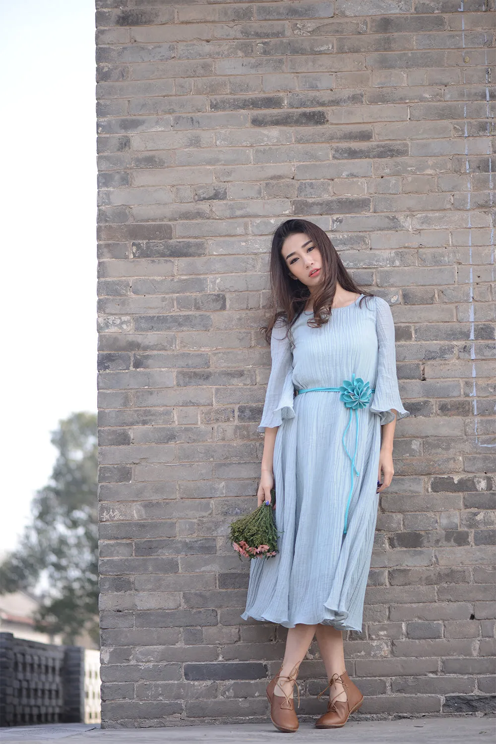 Blue linen casual dress in loose style for summer C1562