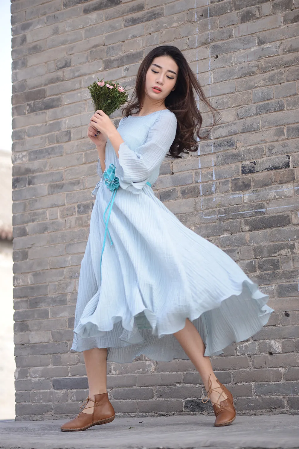 Blue linen casual dress in loose style for summer C1562