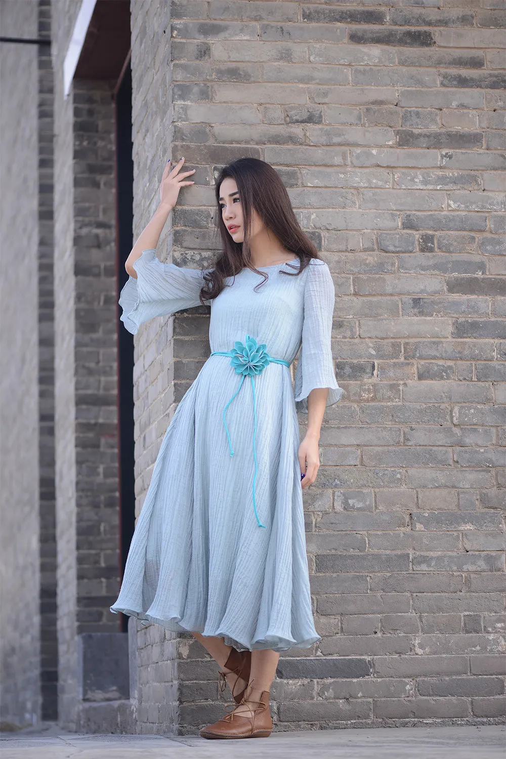 Blue linen casual dress in loose style for summer C1562