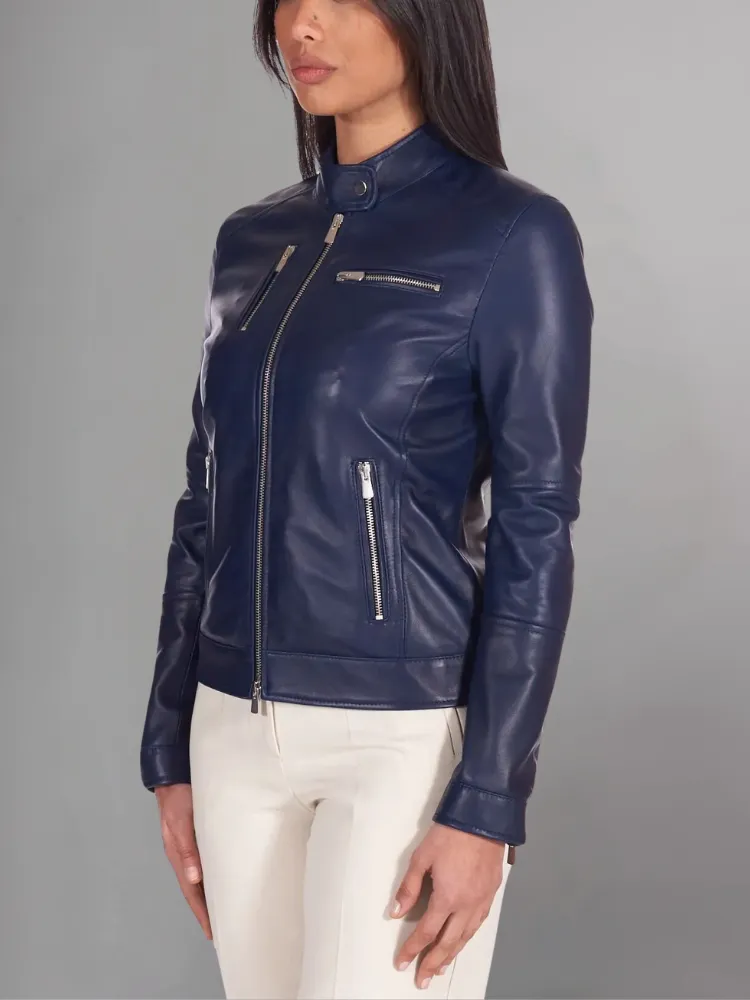 Blue natural leather biker jacket four zipper pockets