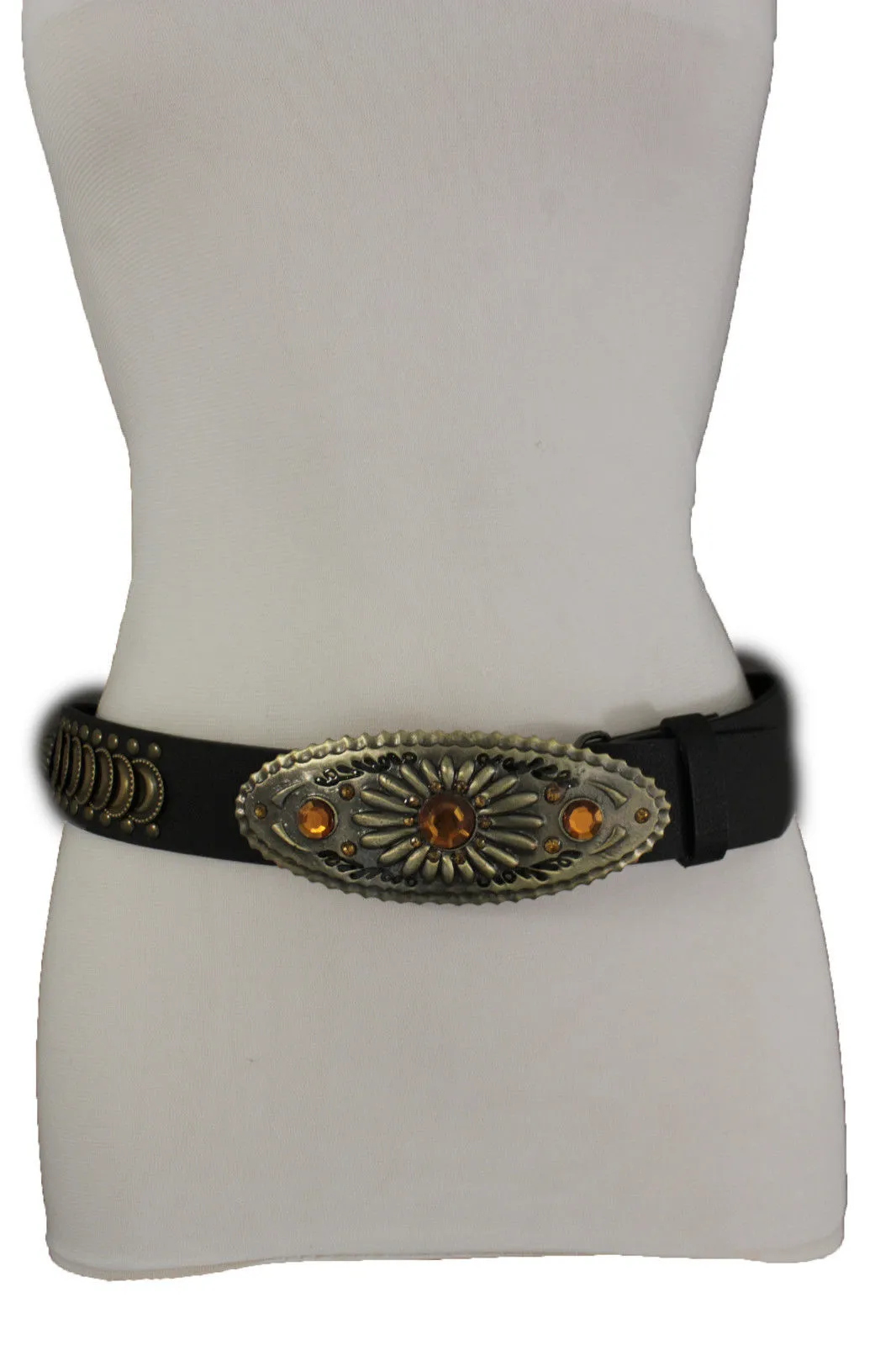 Cool Black Faux Leather Belt Antique Gold Metal Buckle Charms M L