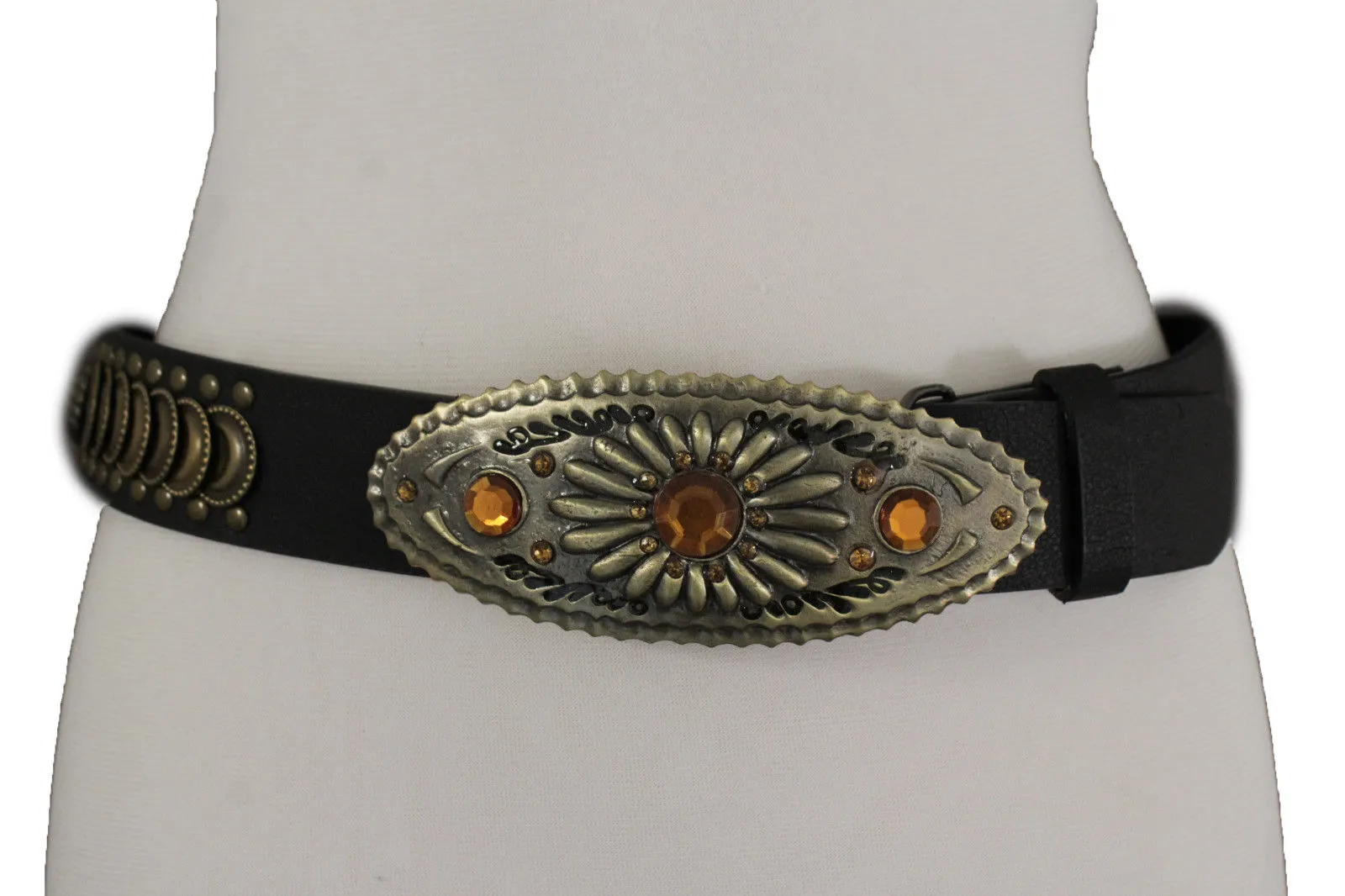 Cool Black Faux Leather Belt Antique Gold Metal Buckle Charms M L