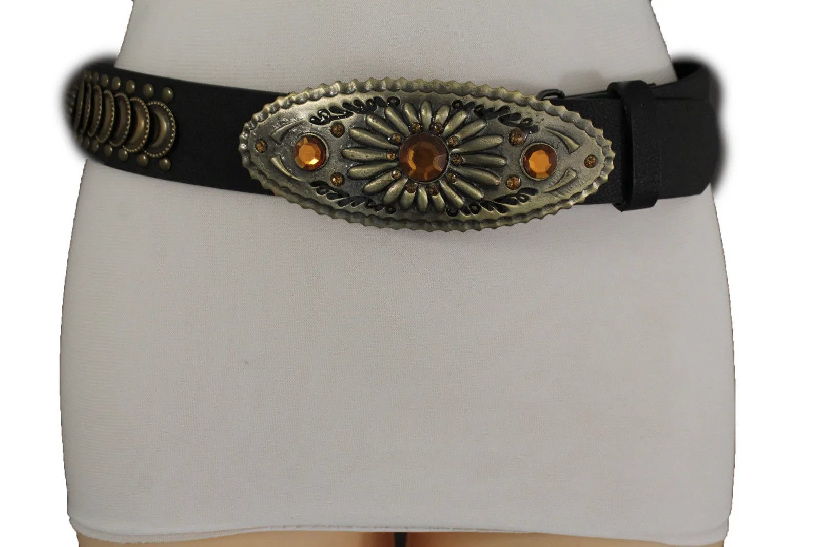 Cool Black Faux Leather Belt Antique Gold Metal Buckle Charms M L