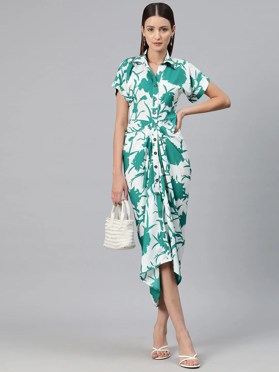 Cottinfab Women Floral Print Crepe Shirt Midi Dress