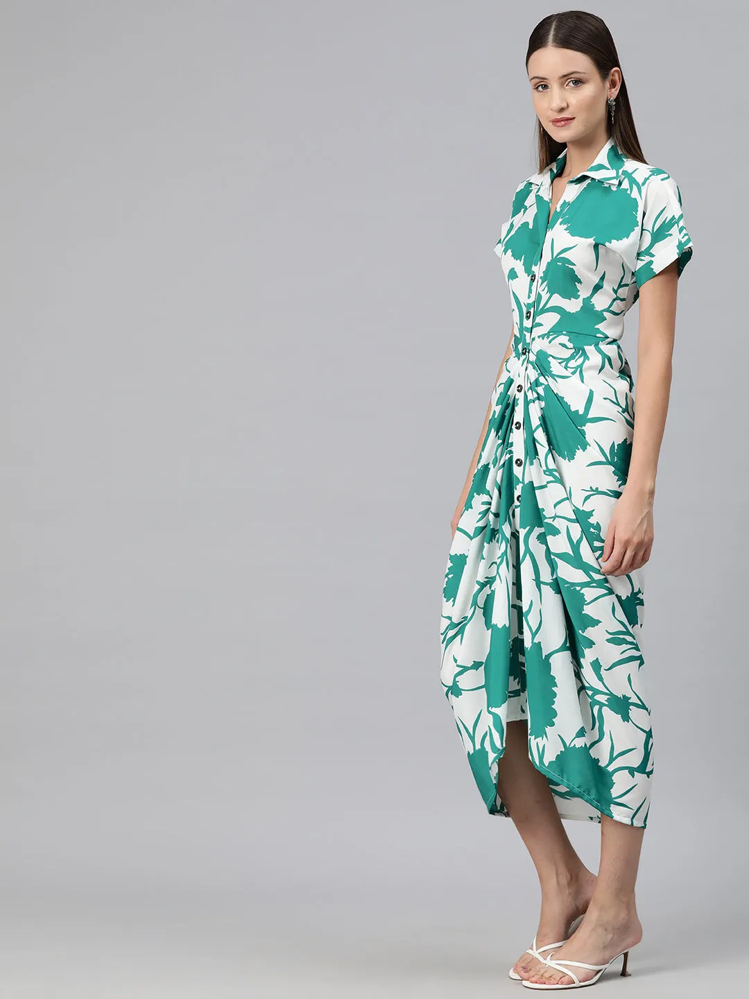 Cottinfab Women Floral Print Crepe Shirt Midi Dress