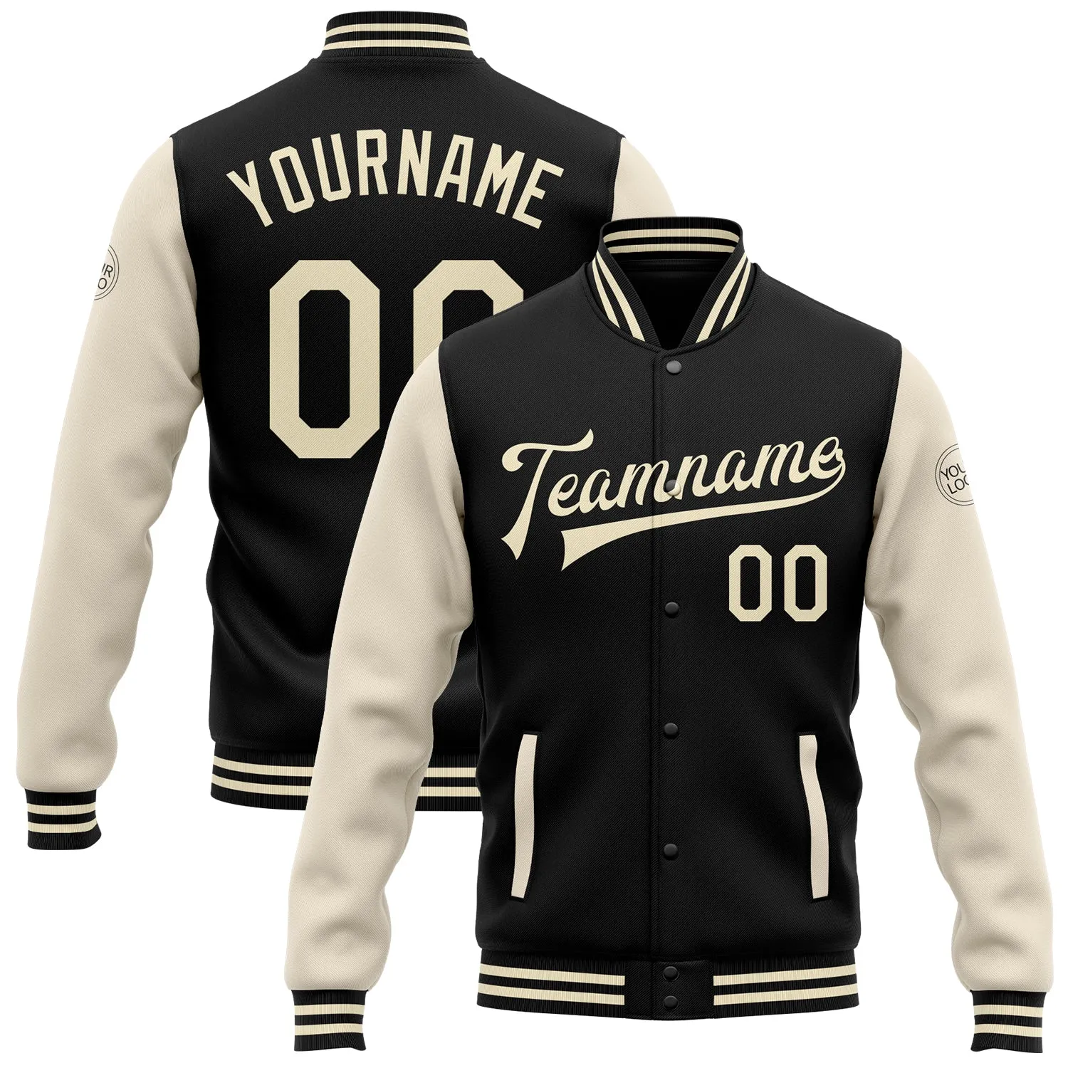 Custom Black Cream Bomber Full-Snap Varsity Letterman Two Tone Jacket