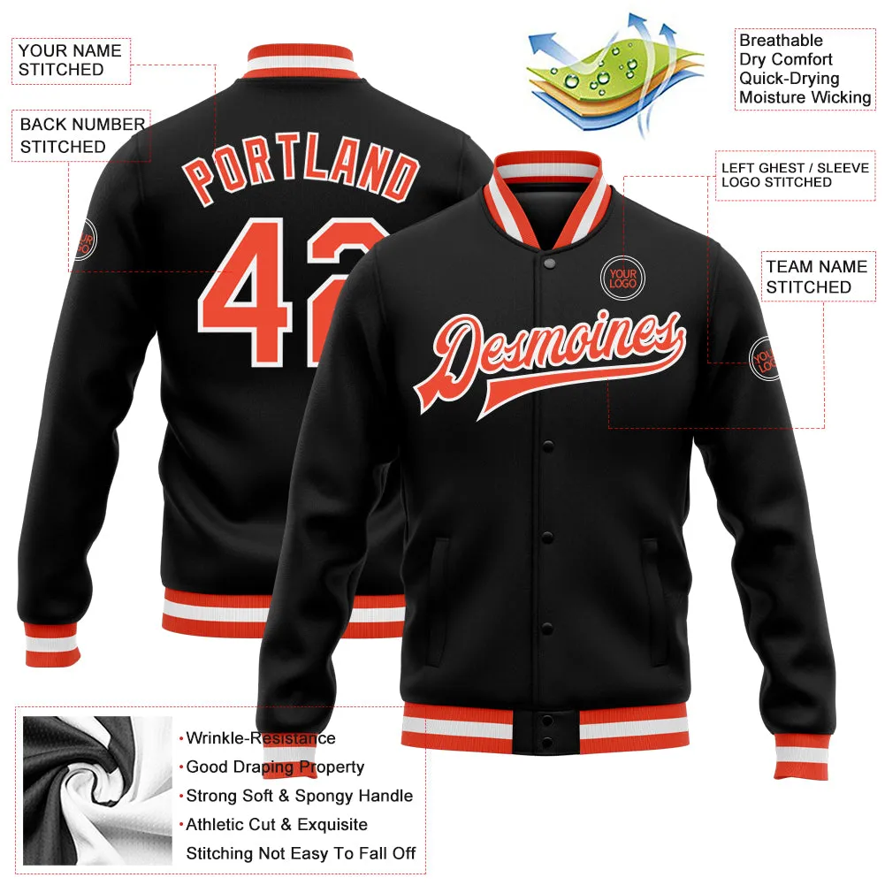 Custom Black Orange-White Bomber Full-Snap Varsity Letterman Jacket