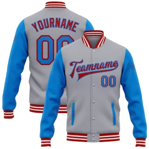 Custom Gray Powder Blue-Red Bomber Full-Snap Varsity Letterman Two Tone Jacket