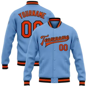 Custom Light Blue Orange-Black Bomber Full-Snap Varsity Letterman Jacket