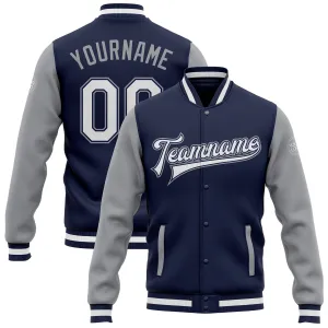 Custom Navy White-Gray Bomber Full-Snap Varsity Letterman Two Tone Jacket