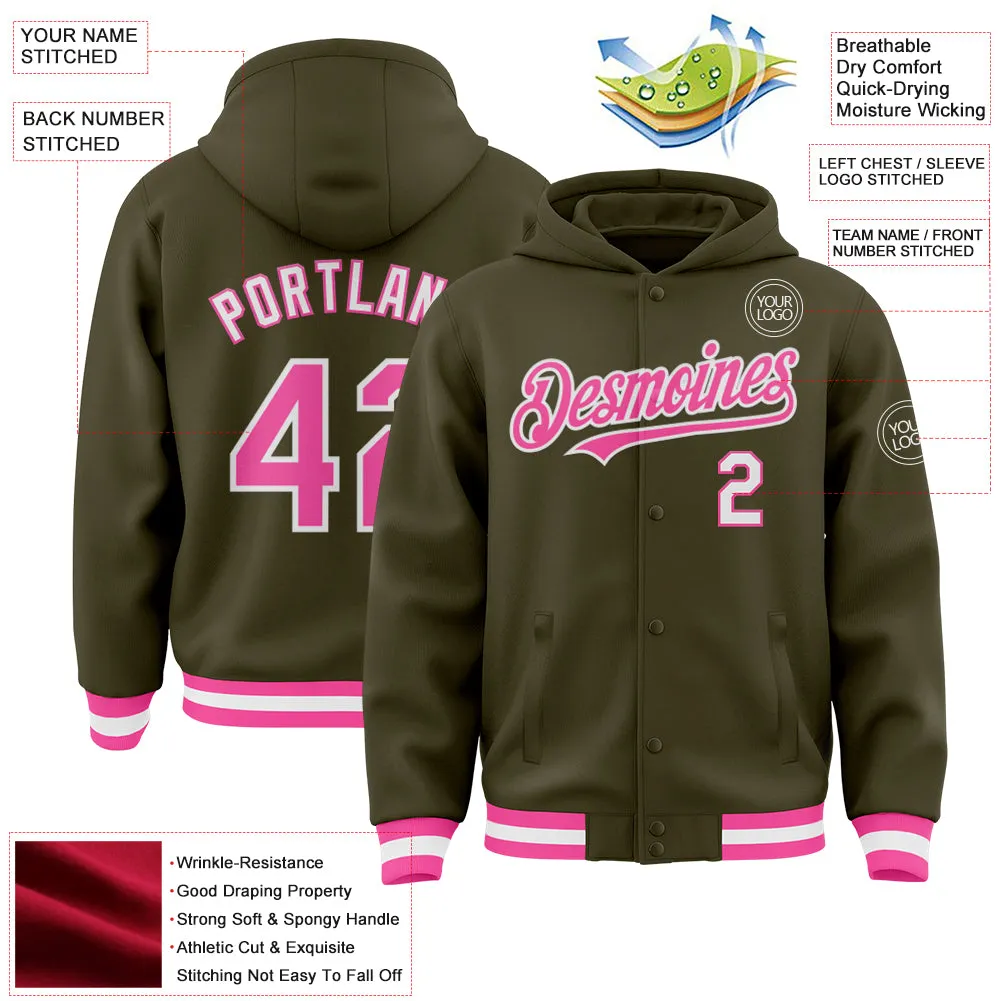 Custom Olive Pink-White Bomber Full-Snap Varsity Letterman Salute To Service Hoodie Jacket