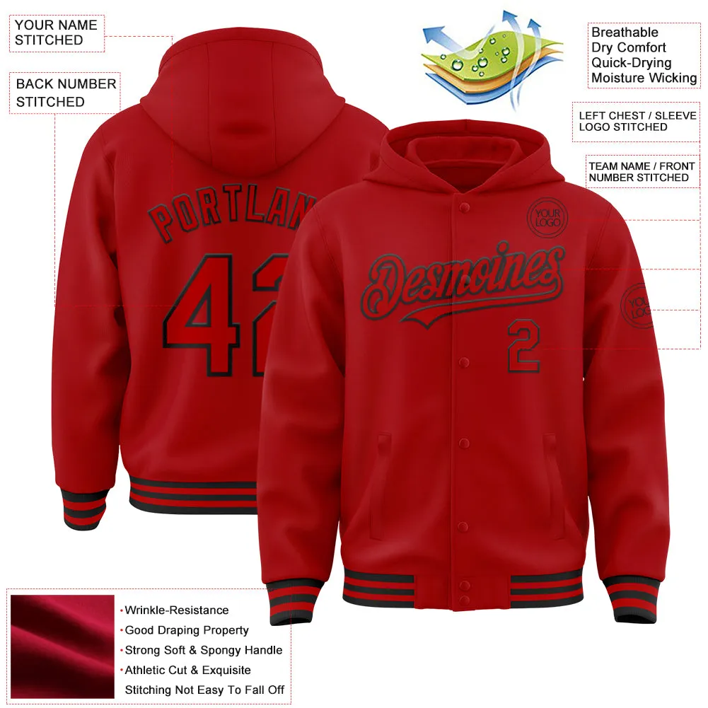 Custom Red Black Bomber Full-Snap Varsity Letterman Hoodie Jacket