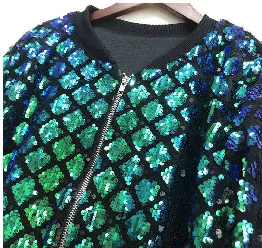 Diamond Design Sequin Bomber Jacket