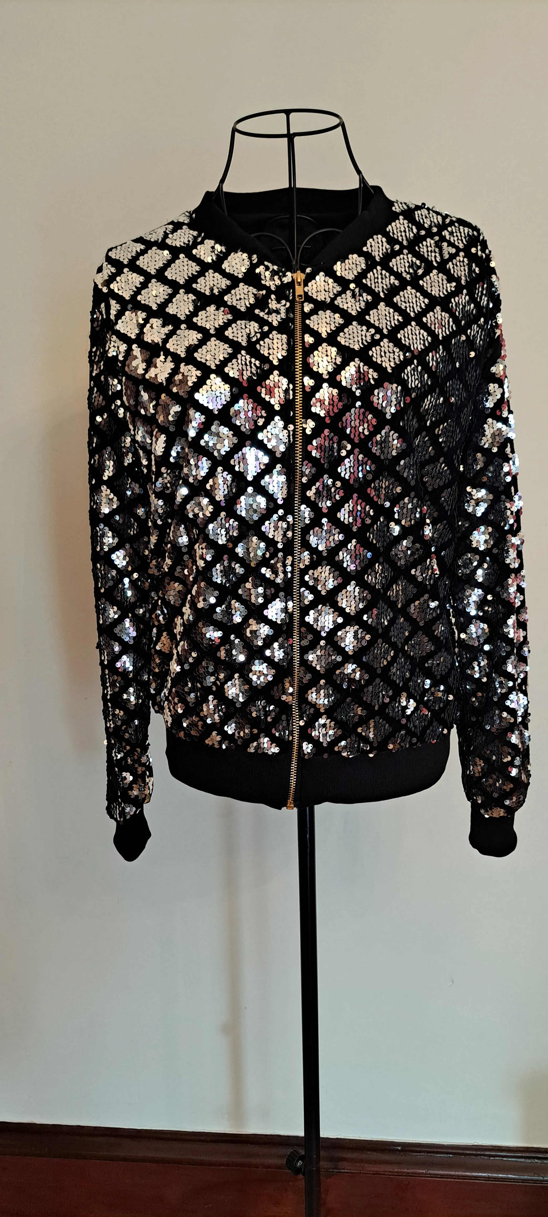 Diamond Design Sequin Bomber Jacket