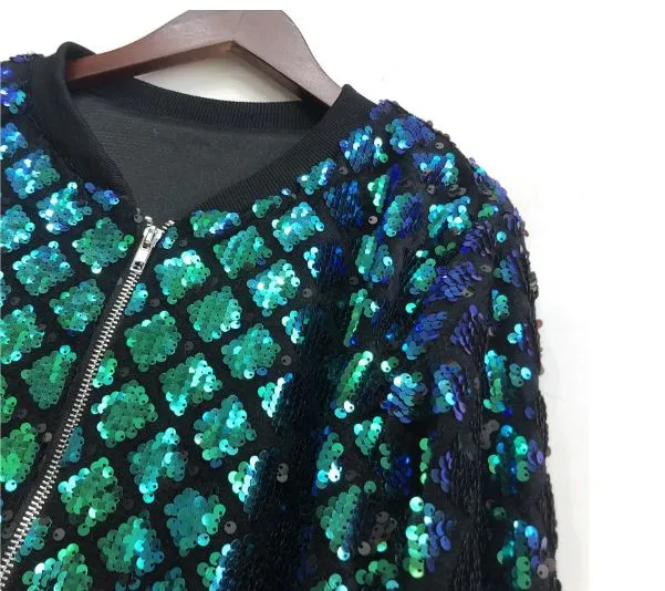 Diamond Design Sequin Bomber Jacket