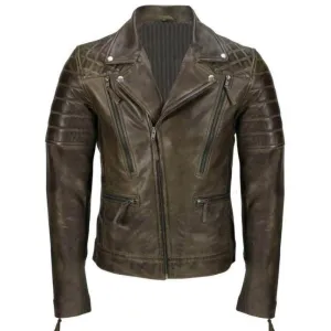 Diamond Quilted Vintage Wax Distressed Brown Leather Jacket Mens Biker Coat