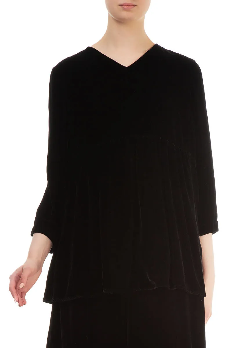 Flared V-Neck Black Silk Velvet Blouse