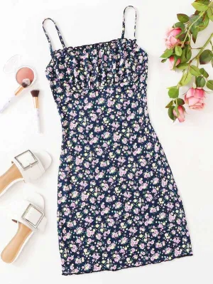 Frill Trim Ruched Bust Floral Slip Dress