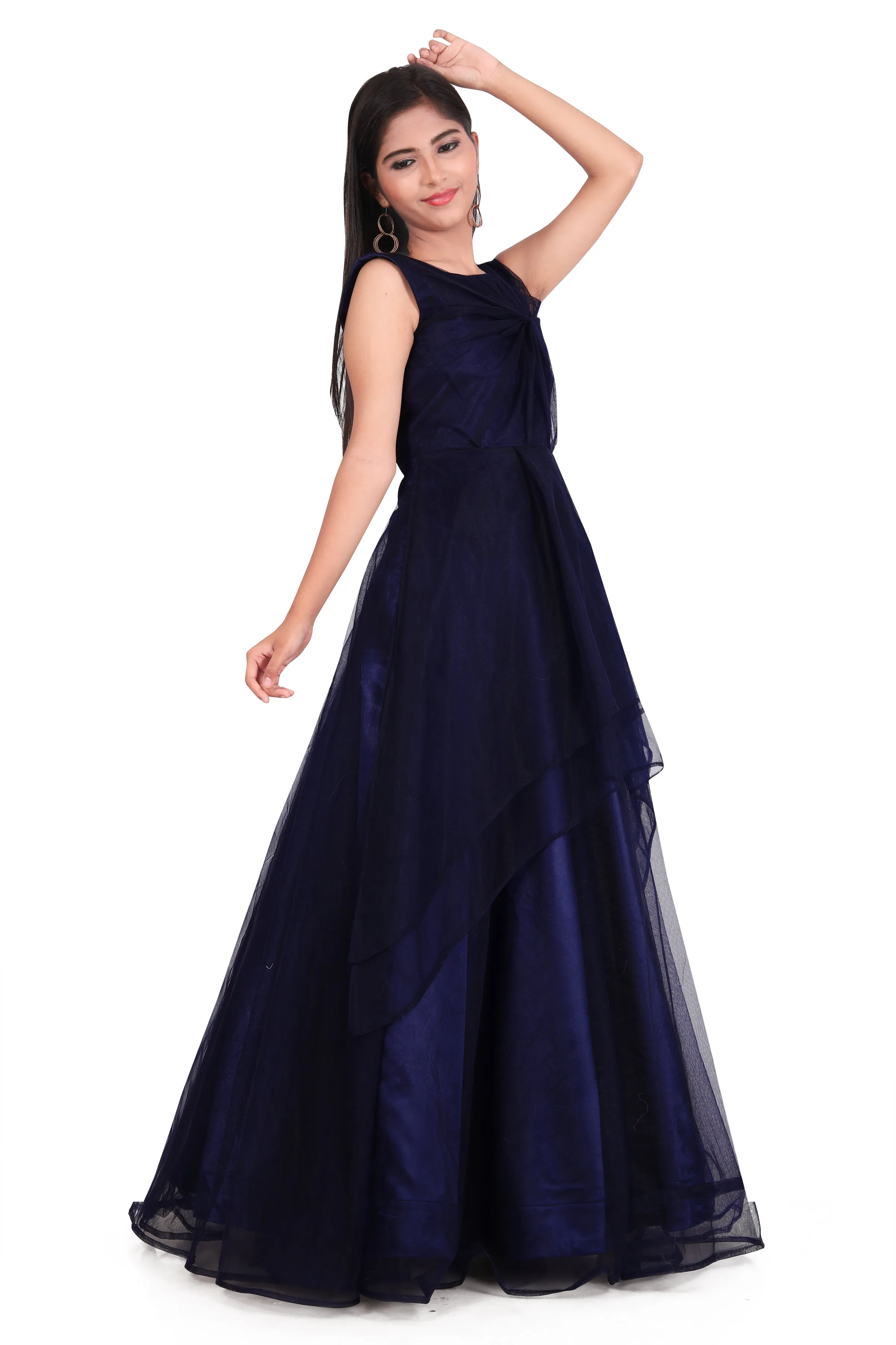 Girls Blue Embellished Bow Net Gown Dress Kids