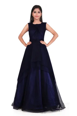 Girls Blue Embellished Bow Net Gown Dress Kids