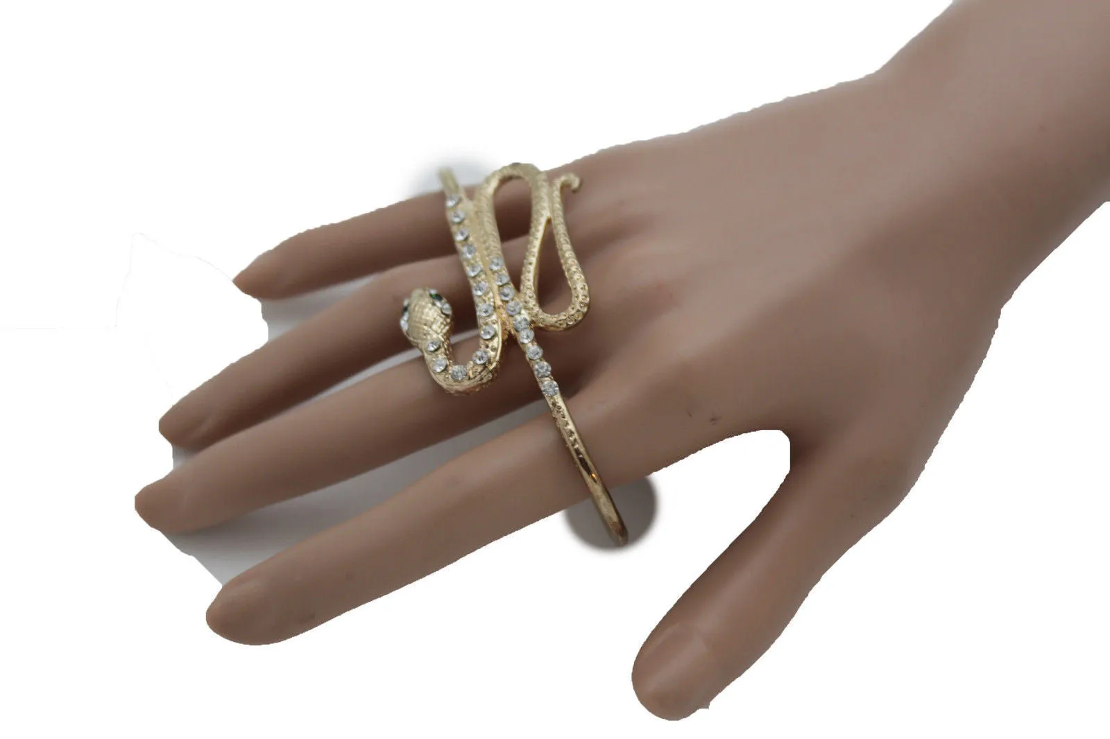 Gold Long Rhinestones Snake One Size Knuckle 4 Fingers Ring