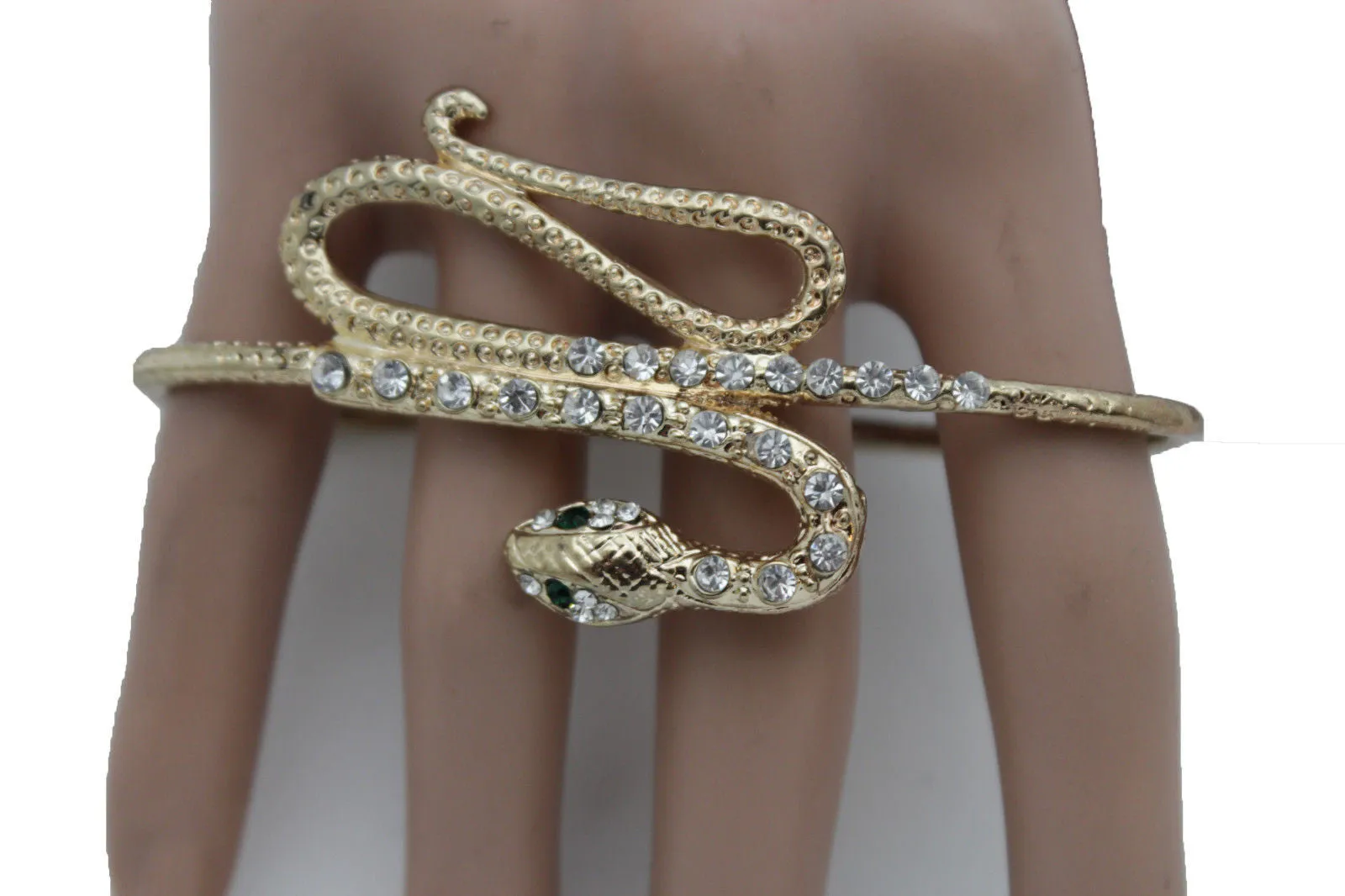 Gold Long Rhinestones Snake One Size Knuckle 4 Fingers Ring