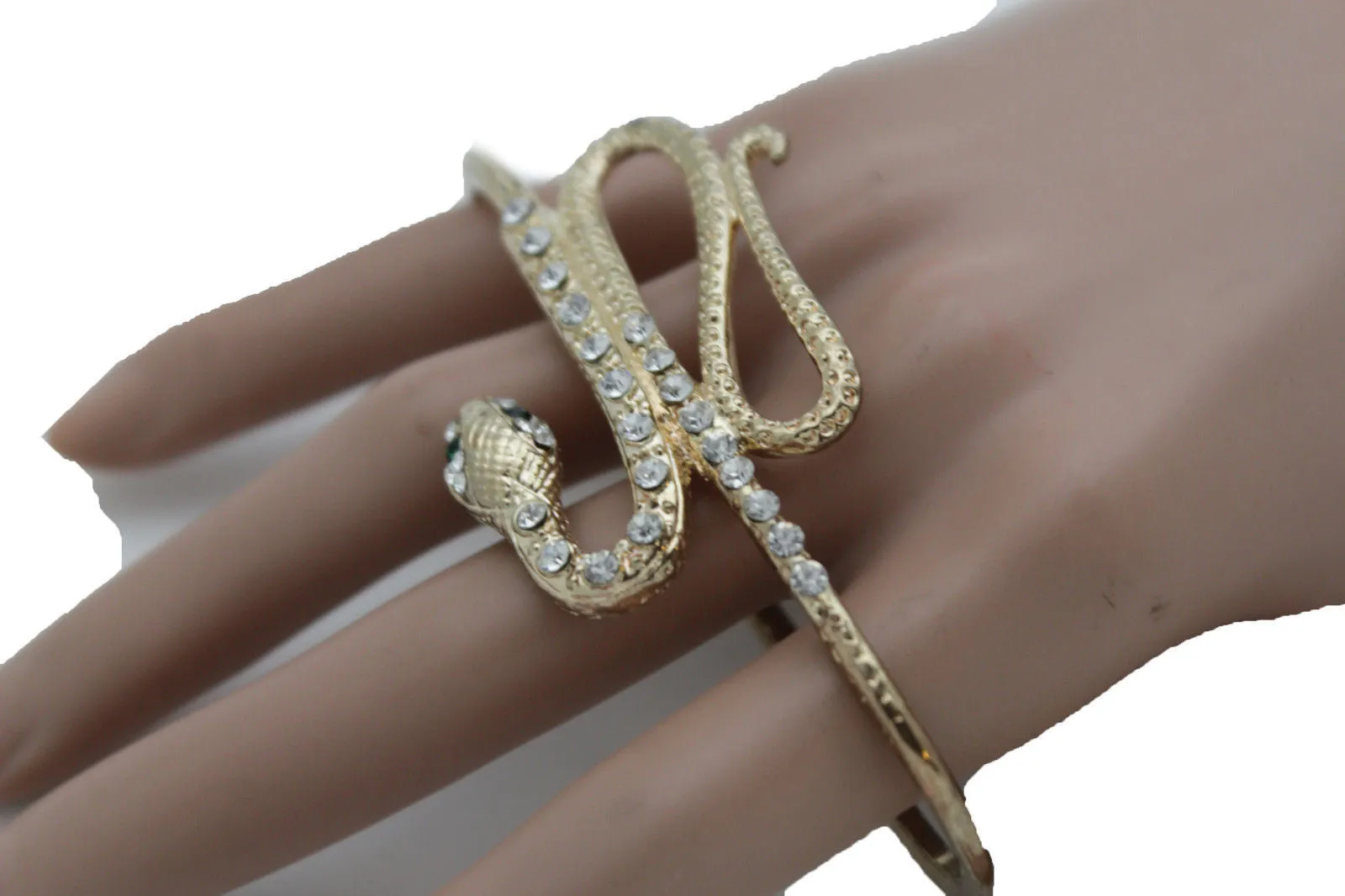 Gold Long Rhinestones Snake One Size Knuckle 4 Fingers Ring