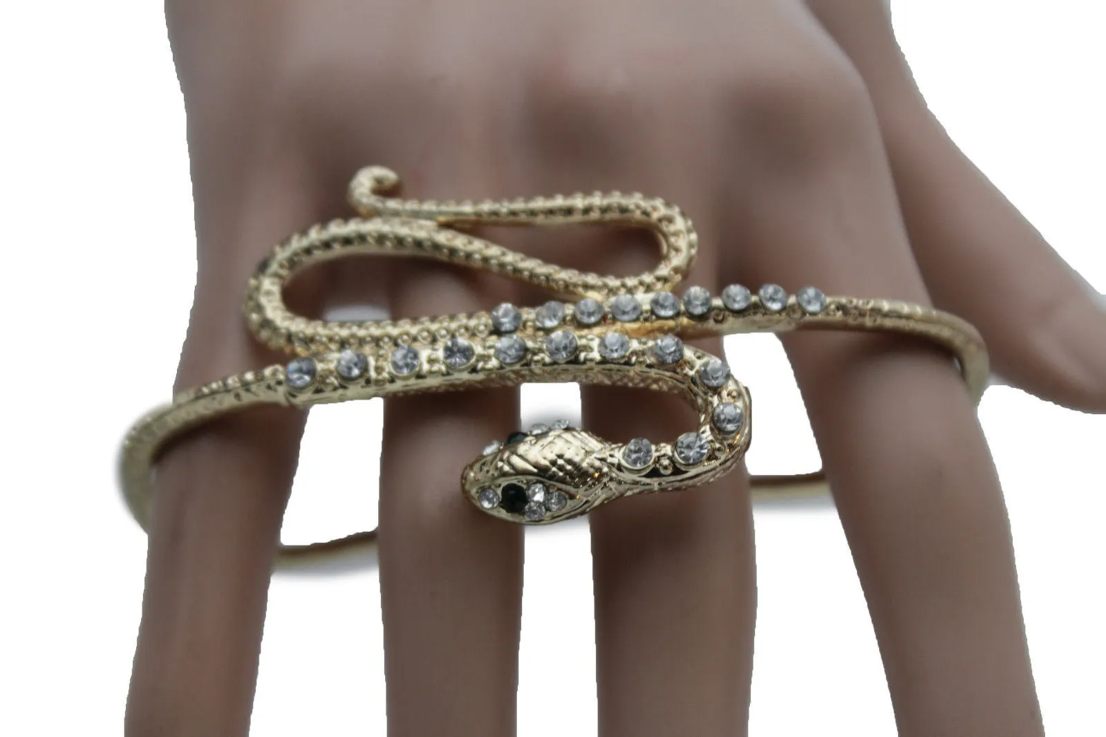 Gold Long Rhinestones Snake One Size Knuckle 4 Fingers Ring