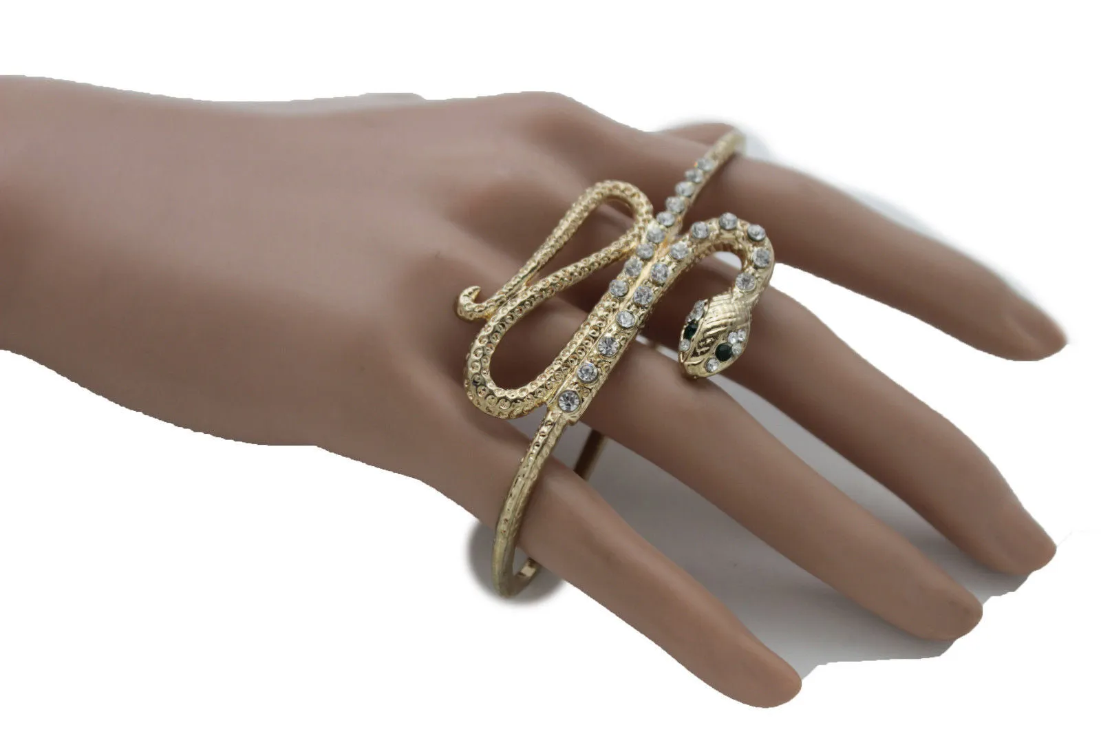 Gold Long Rhinestones Snake One Size Knuckle 4 Fingers Ring