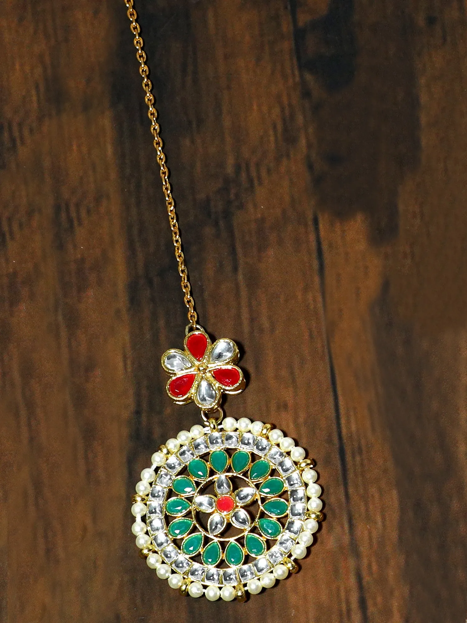 Gold Plated Green and Pearl Beads Kundan Maangtikka