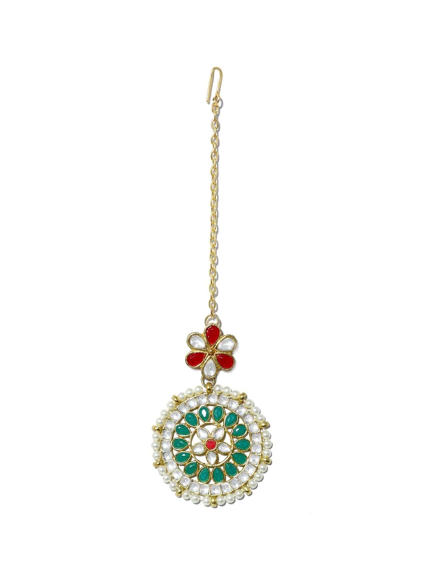 Gold Plated Green and Pearl Beads Kundan Maangtikka